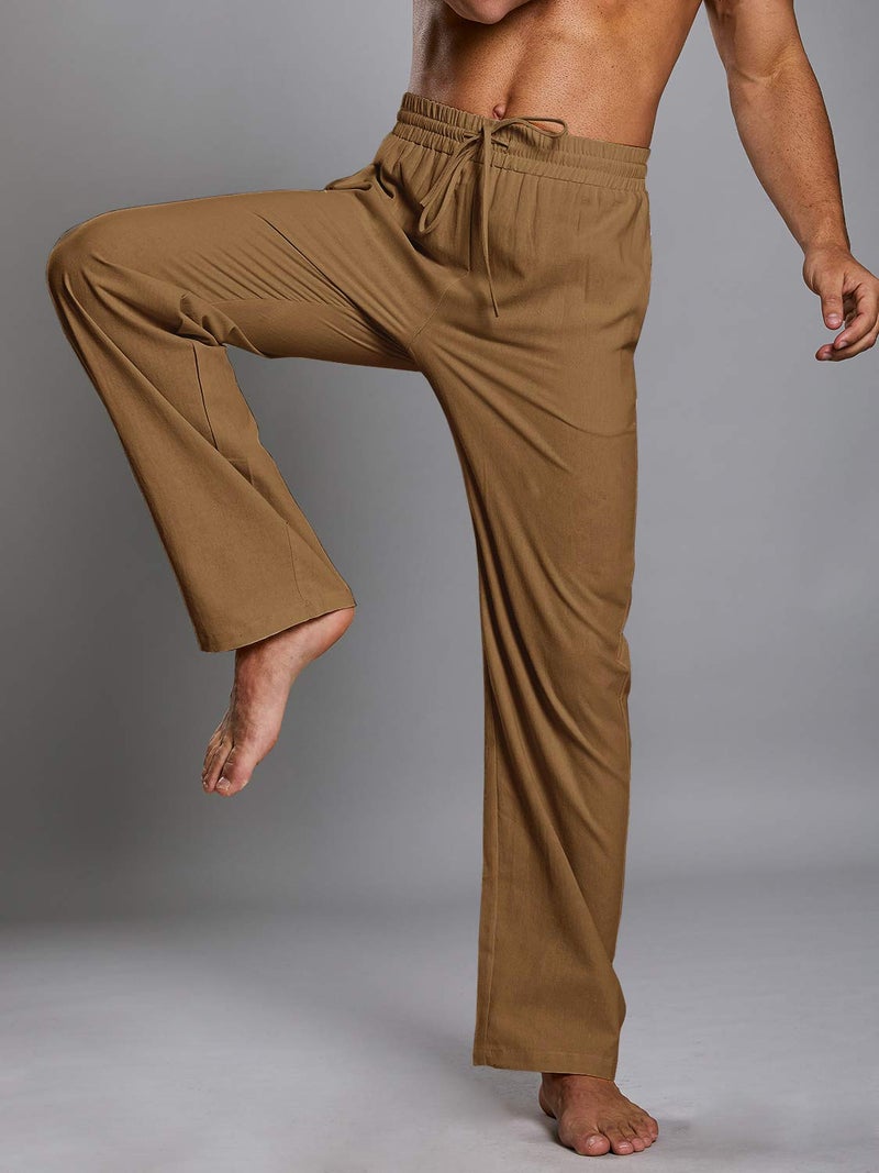 PASLTER Mens Casual Linen Pants Loose Fit Straight-Legs Elastic Drawstring Waist Summer Beach Yoga Long Pants B-Brown - Image 4